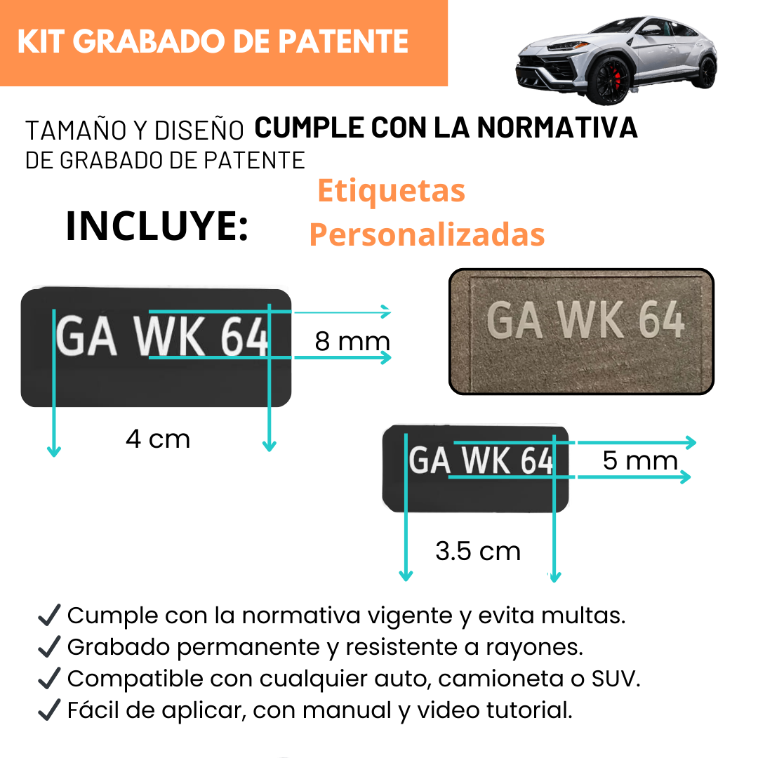 KIT GRABADO DE PATENTE (5 VEHICULOS)