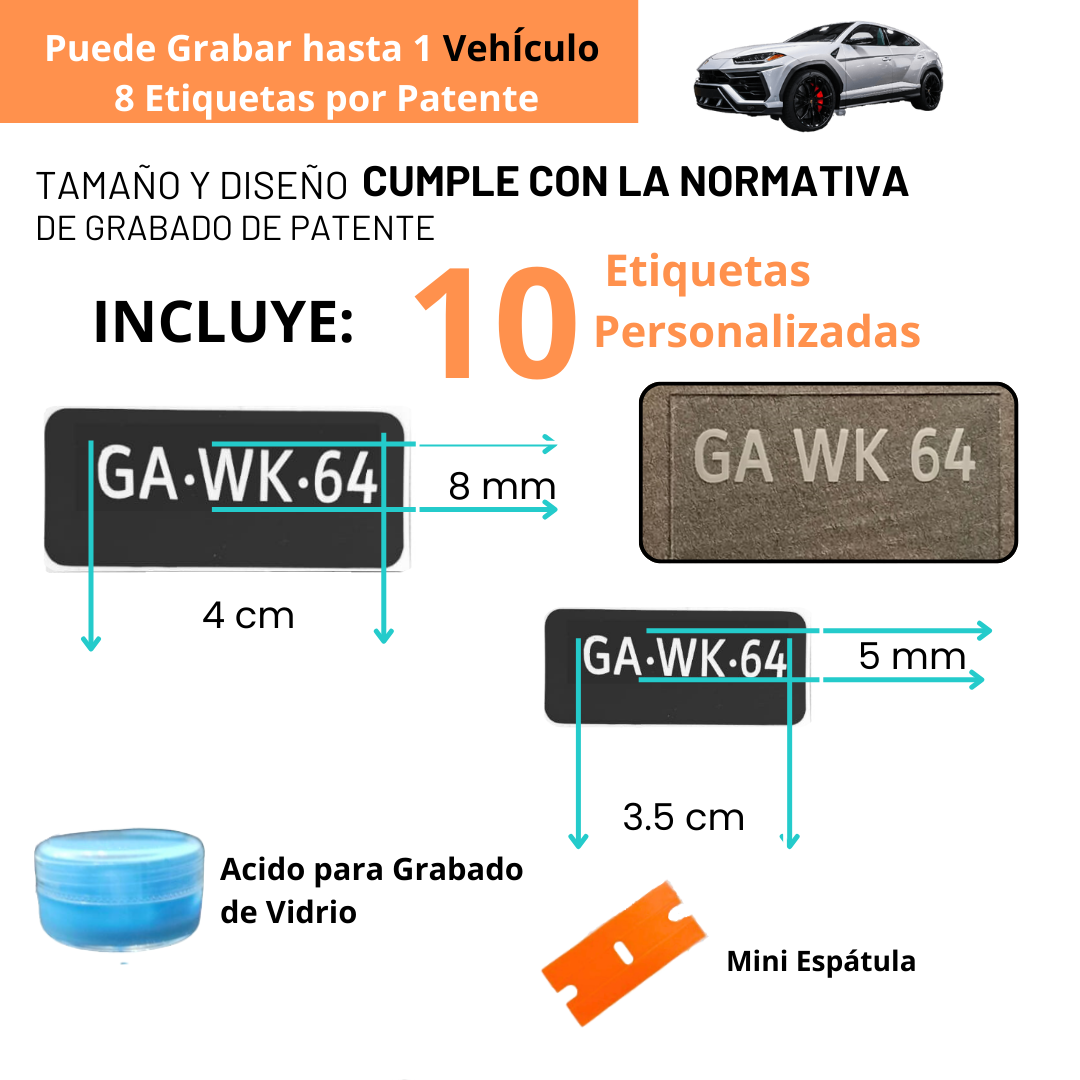 Kit de Grabado de Patente 10 PRO (1 vehículo)